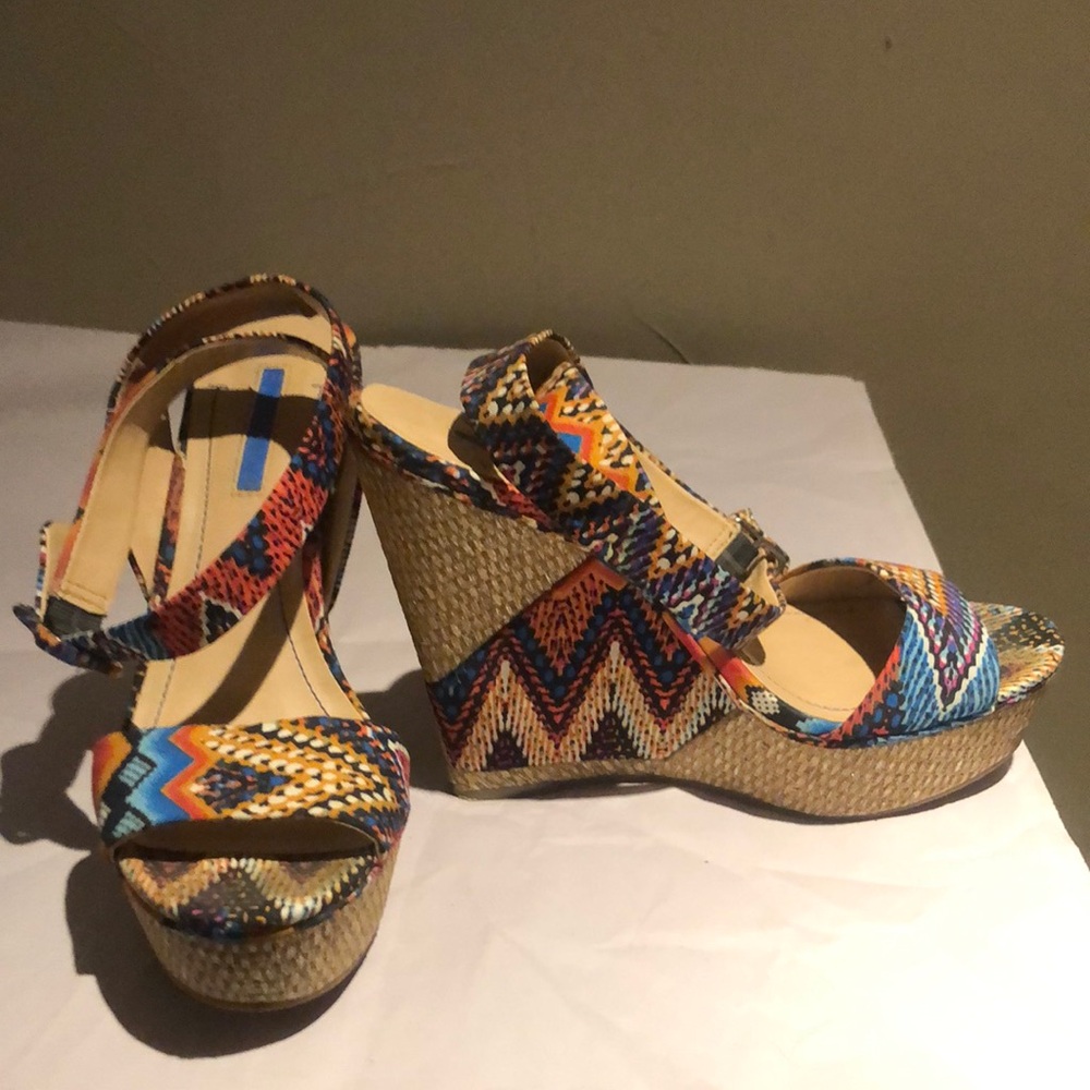 BCBGeneration Raquel Platform, Tribal Tapestry Ankle-Wrap Strap Wedge Heel 9